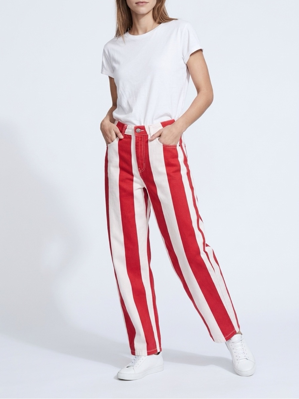 Zara Red & White Striped Straight-Leg Jeans